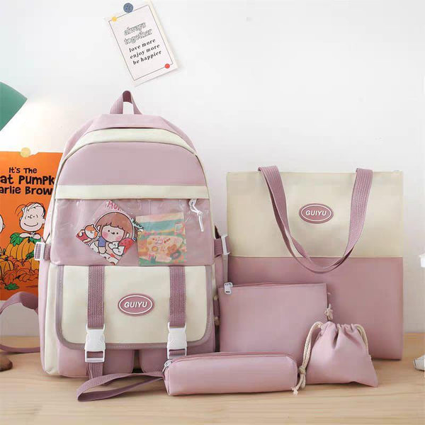Light Purple & Off White - Backpack Set Of 5
