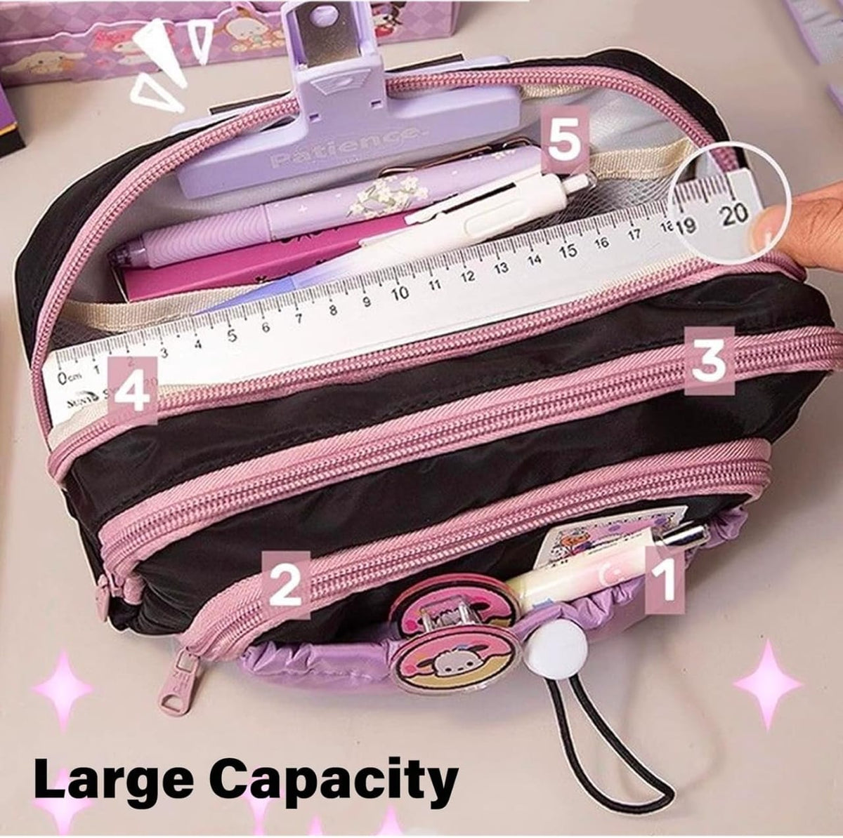 Purple &amp; Black  Large Capacity - 3 Zip Pouch