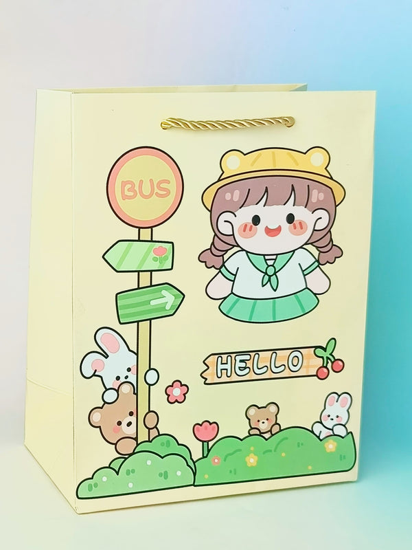 Hello Kawai Girl & Animals Pale Yellow - Gift Bag