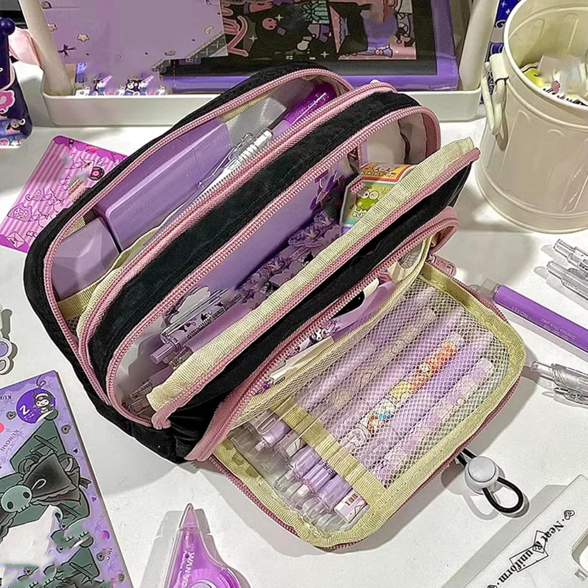 Purple &amp; Black  Large Capacity - 3 Zip Pouch