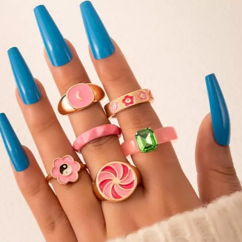 Pink Enameled Gold - Rings Set