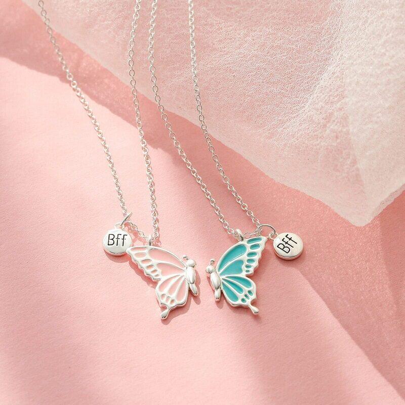 Pink & Blue Butterfly - Necklace (  BFF ) Set Of 2