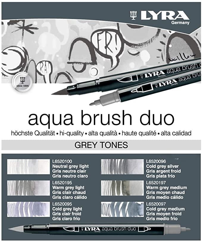 Lyra Aqua Brush Duo Marker Pack Of 6 Gray Tone