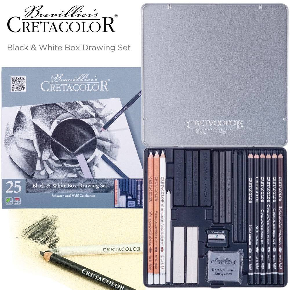 Cretacolor Black &amp; White Charcoal Set of 25 Pcs In Tin Box