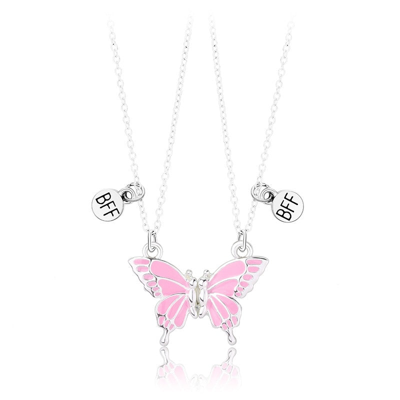 Pink  Butterfly - Necklace (  BFF ) Set Of 2