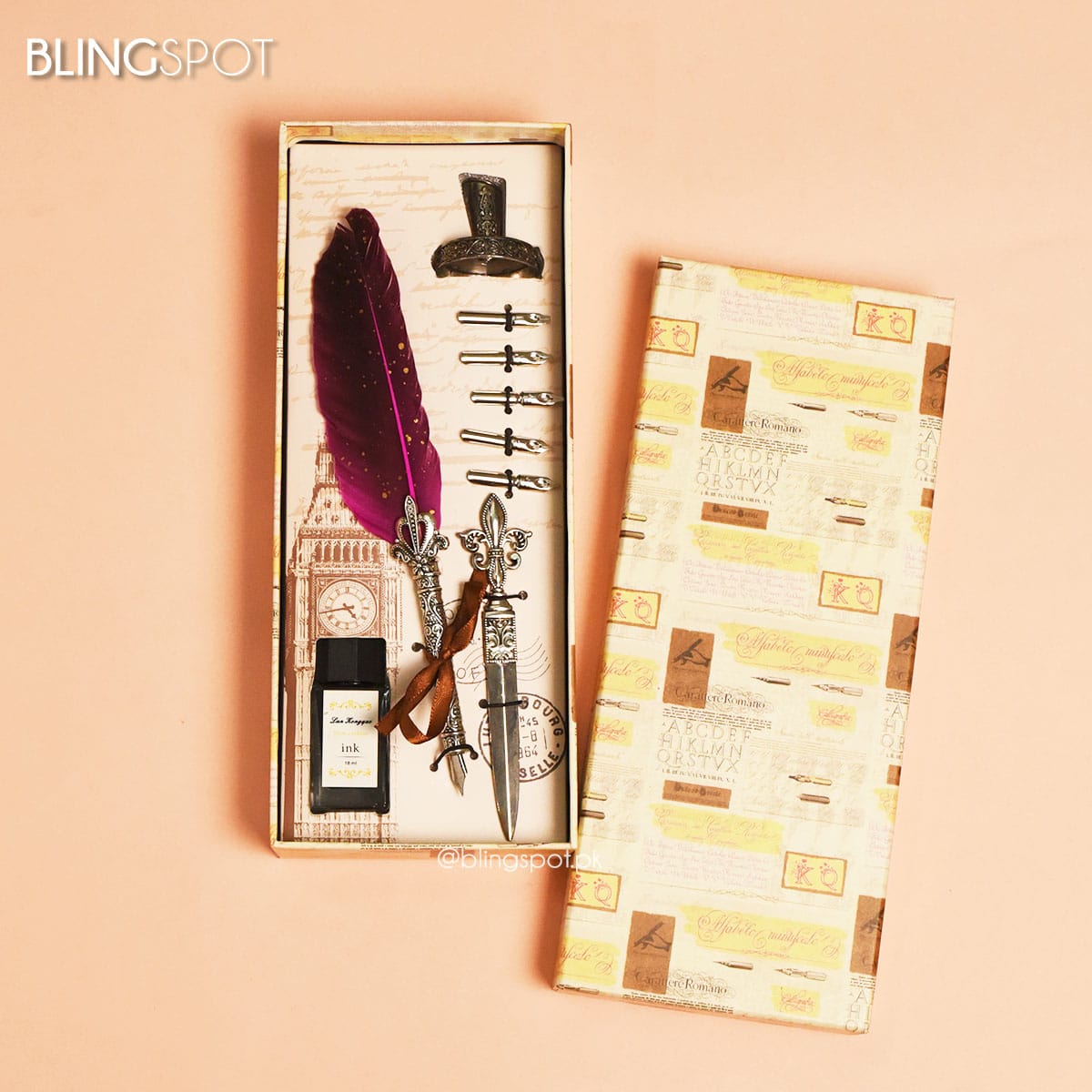 Luxury Vintage Burgundy Pink  Feather Dip Pen Set - Style 42