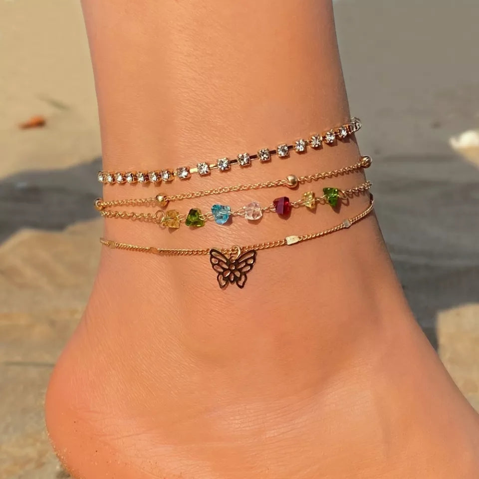 Butterfly Crystal Layered - Anklet Set Of 4