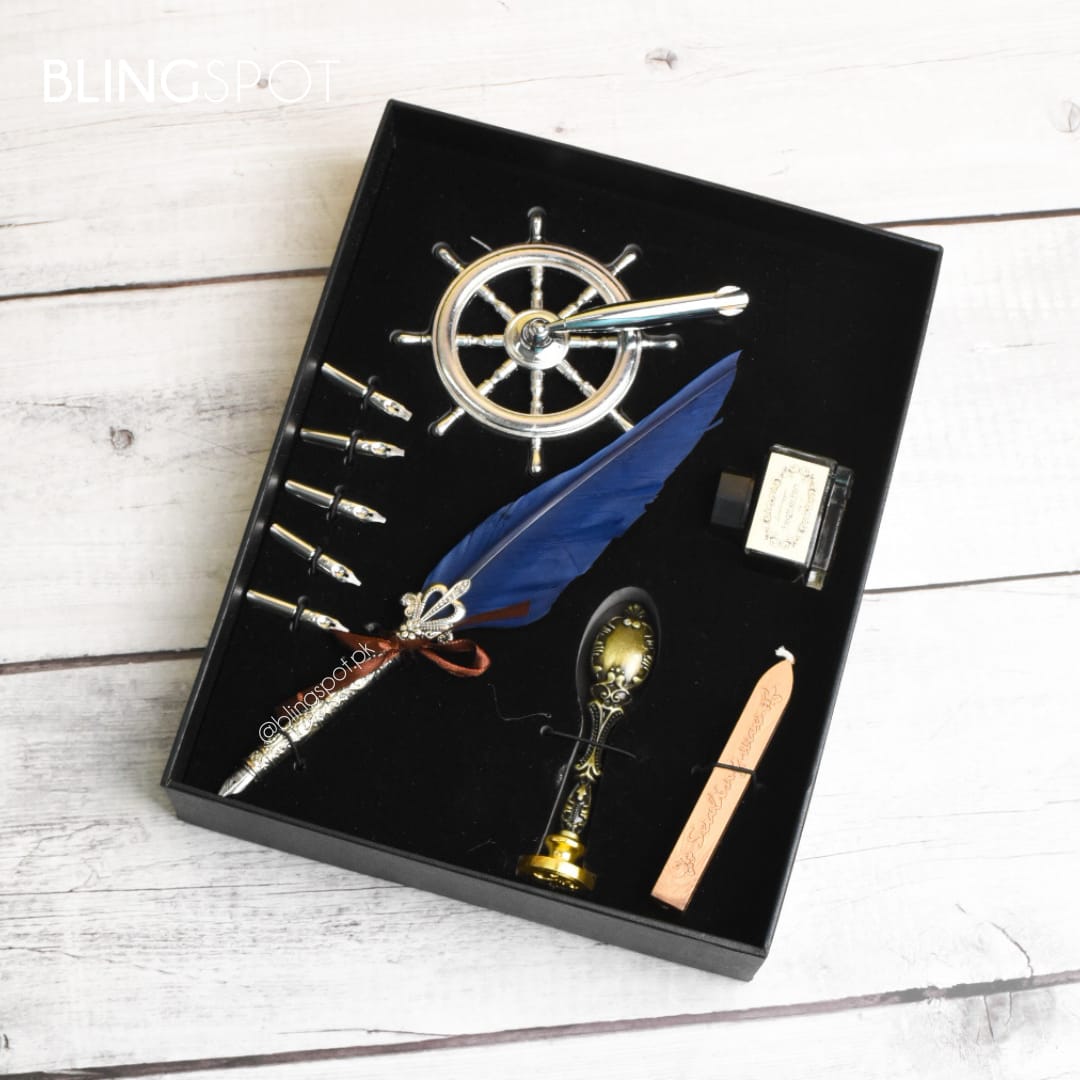 Luxury Vintage  Navy Blue Feather Dip Pen Set - Style 52