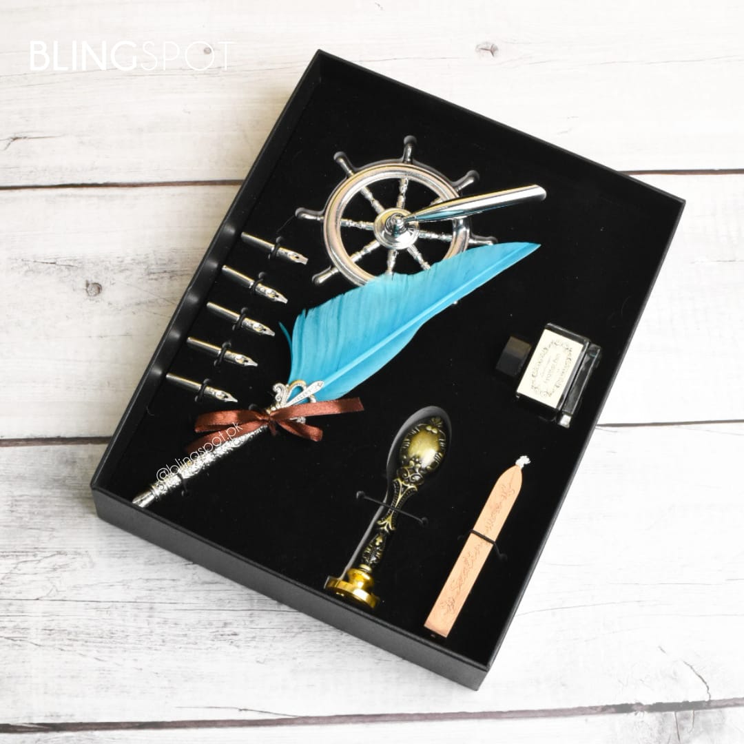 Luxury Vintage  Blue Feather Dip Pen Set - Style 52