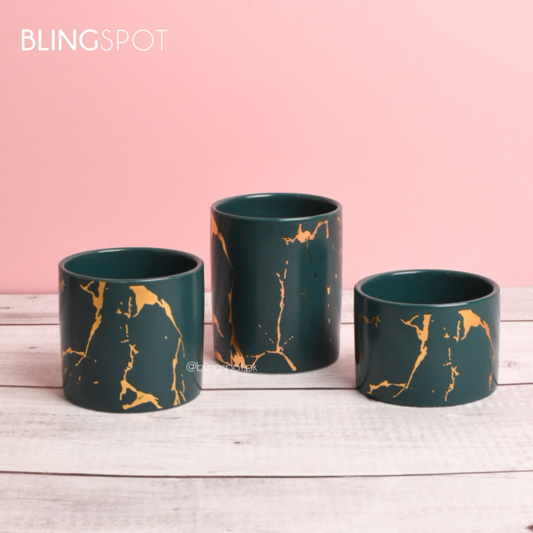 Gold Foil Marbled Ceramic Dark Green  - Planter