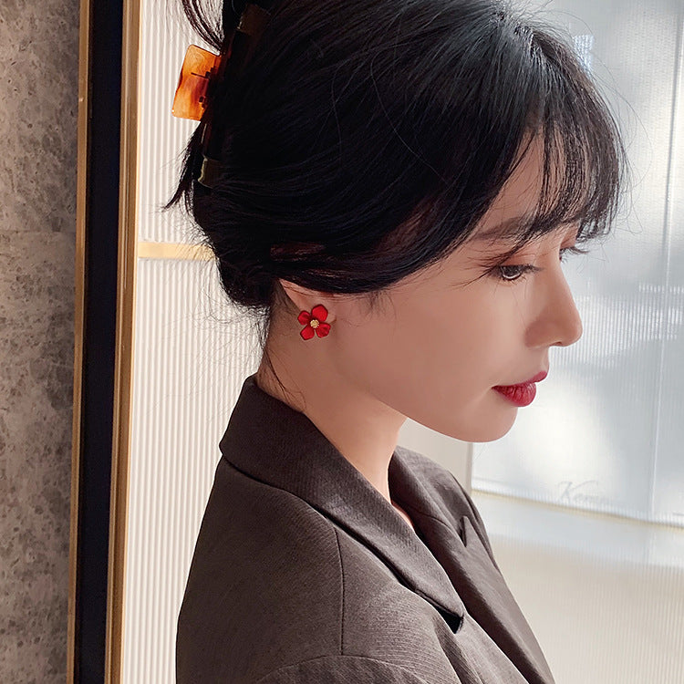 Shiny Red Silk Flower  - Earring