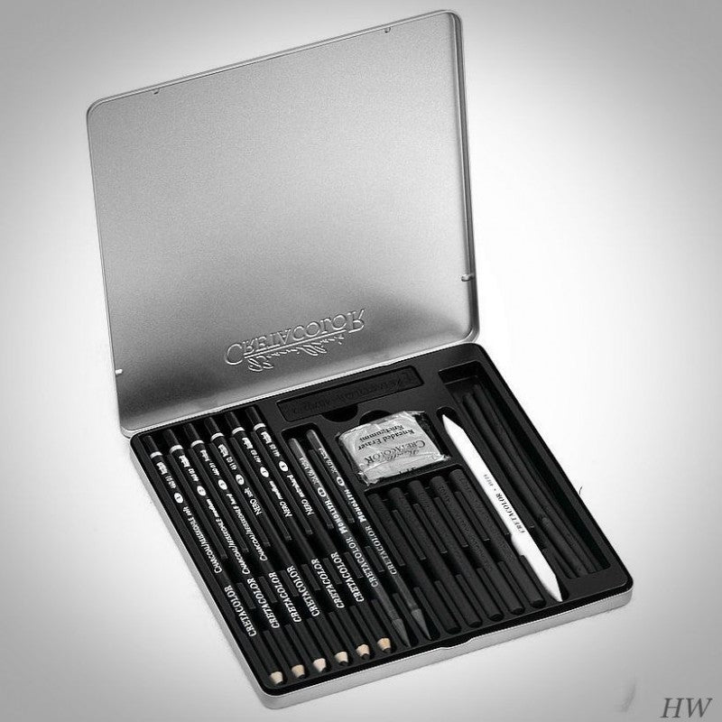 Cretacolor Black Box 20 Parts Charcoal & Drawing Set In Tin Box