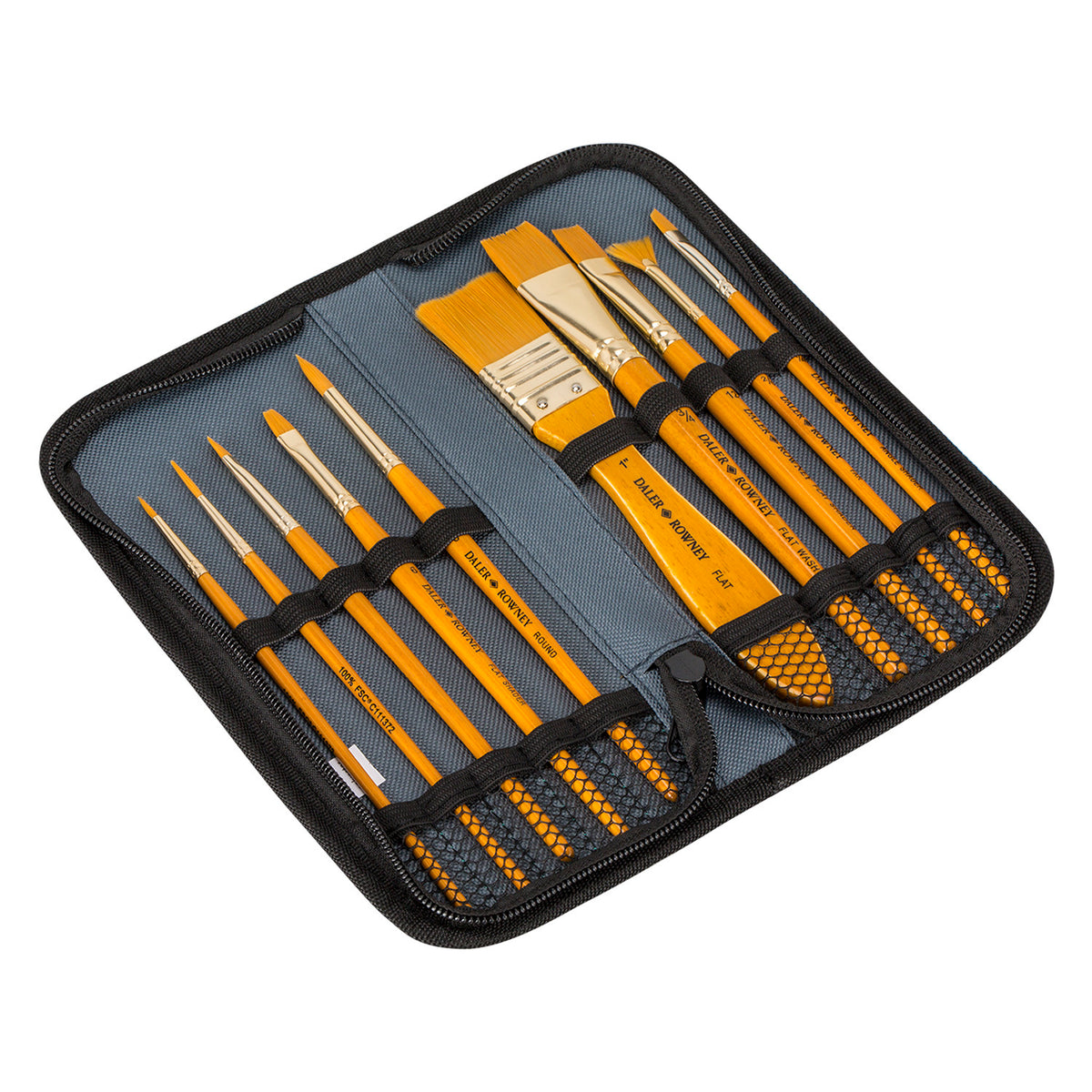 Daler Rowney Simply Gold Taklon Synthetic Hairs Brush Set of 10  With Zip Case.
